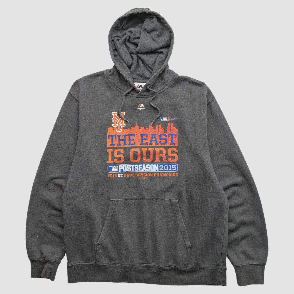 New York Mets Majestic 2015 Hooded Pullover Sweatshirt Dark Heather Gray Vintage