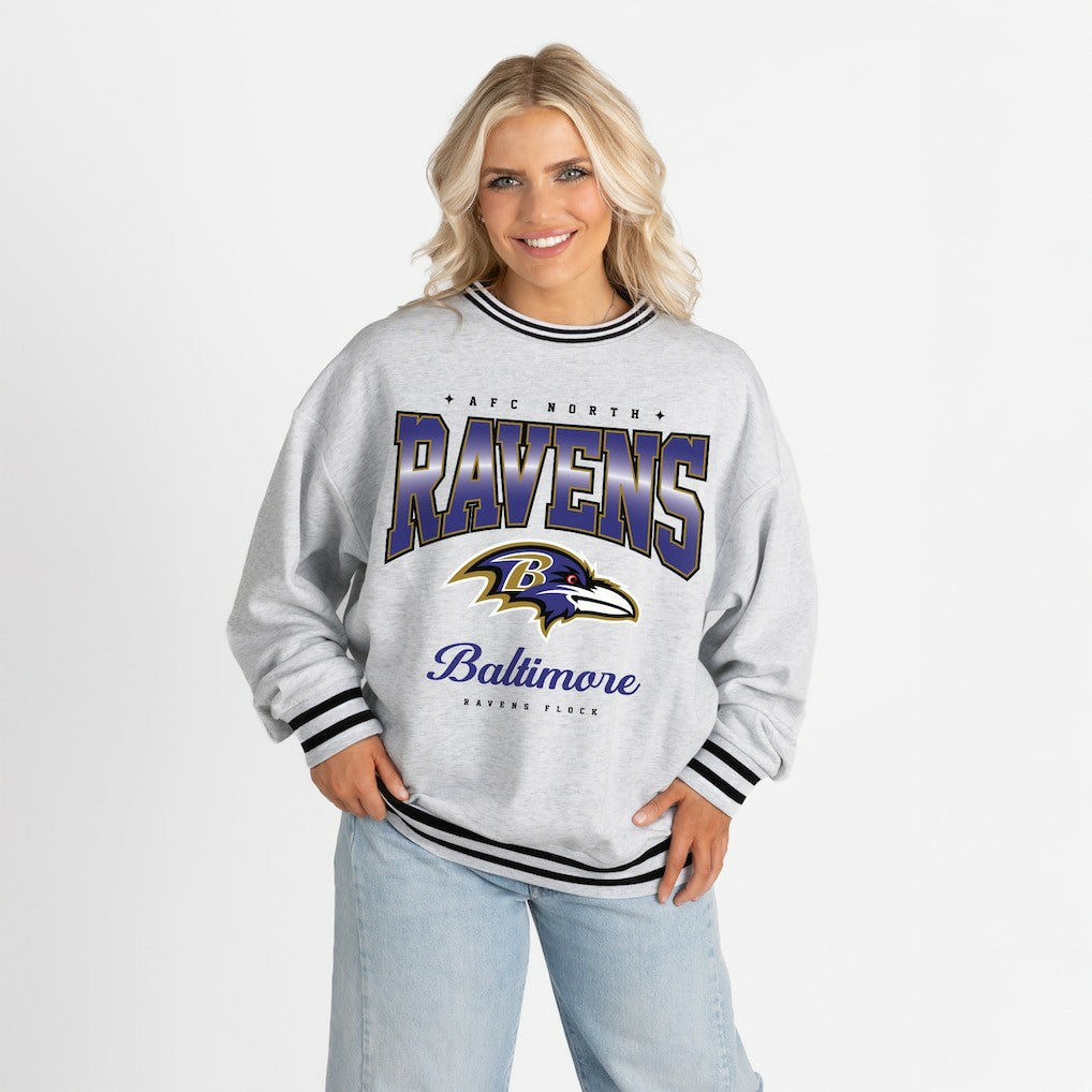 Baltimore Ravens Gameday Couture Women's Oversized Gridiron Drive Ringer Stripe Sweatshirt - Ash/Black outlet