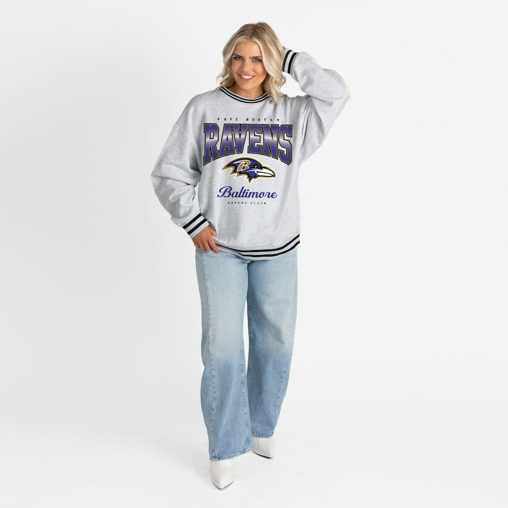 Baltimore Ravens Gameday Couture Women's Oversized Gridiron Drive Ringer Stripe Sweatshirt - Ash/Black outlet