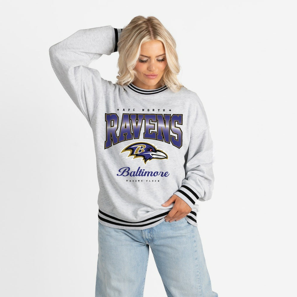 Baltimore Ravens Gameday Couture Women's Oversized Gridiron Drive Ringer Stripe Sweatshirt - Ash/Black outlet