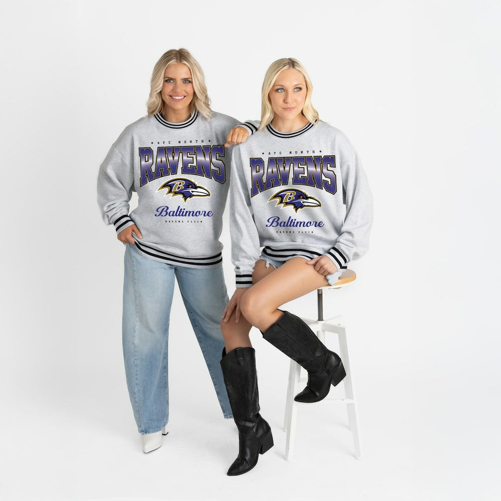 Baltimore Ravens Gameday Couture Women's Oversized Gridiron Drive Ringer Stripe Sweatshirt - Ash/Black outlet