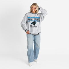 Carolina Panthers Gameday Couture Women's Oversized Gridiron Drive Ringer Stripe Sweatshirt - Ash/Black discount