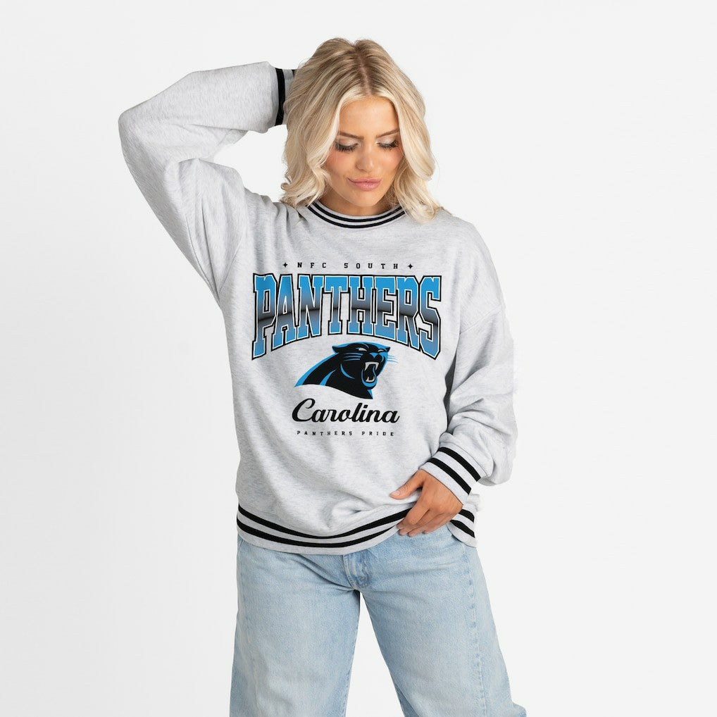 Carolina Panthers Gameday Couture Women's Oversized Gridiron Drive Ringer Stripe Sweatshirt - Ash/Black discount
