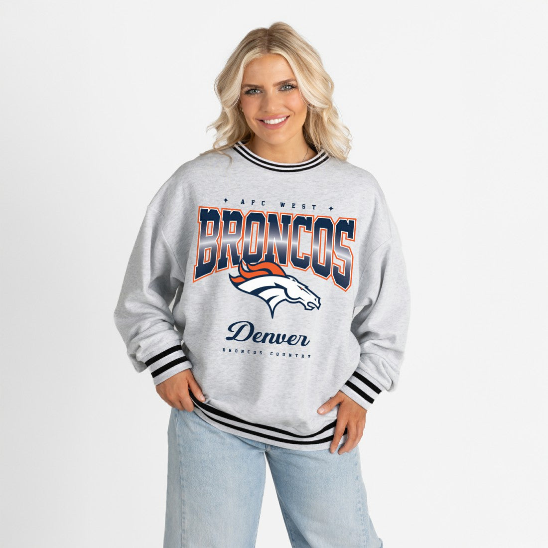 Denver Broncos Gameday Couture Women's Oversized Gridiron Drive Ringer Stripe Sweatshirt - Ash/Black online