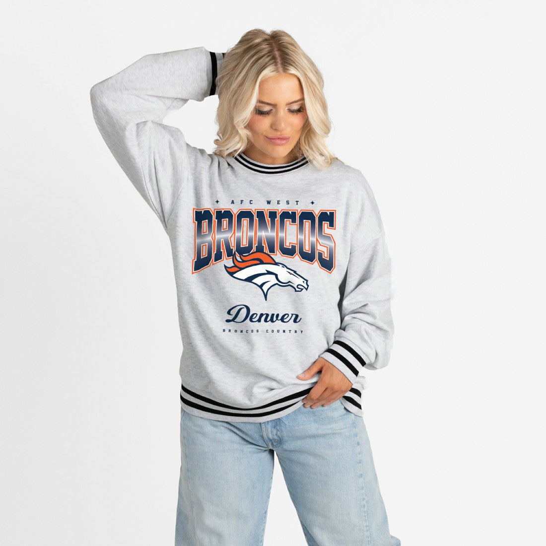 Denver Broncos Gameday Couture Women's Oversized Gridiron Drive Ringer Stripe Sweatshirt - Ash/Black online