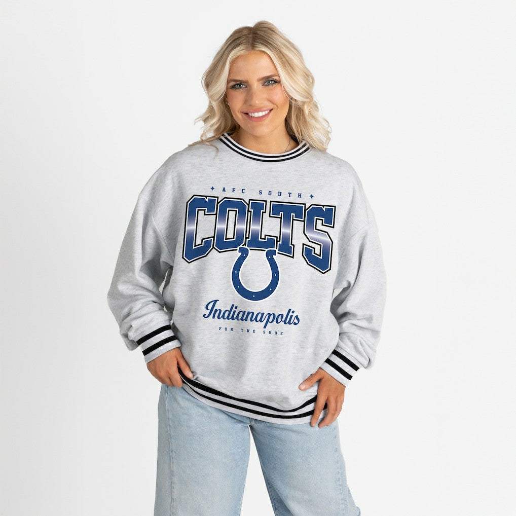 Indianapolis Colts Gameday Couture Women's Oversized Gridiron Drive Ringer Stripe Sweatshirt - Ash/Black cheap