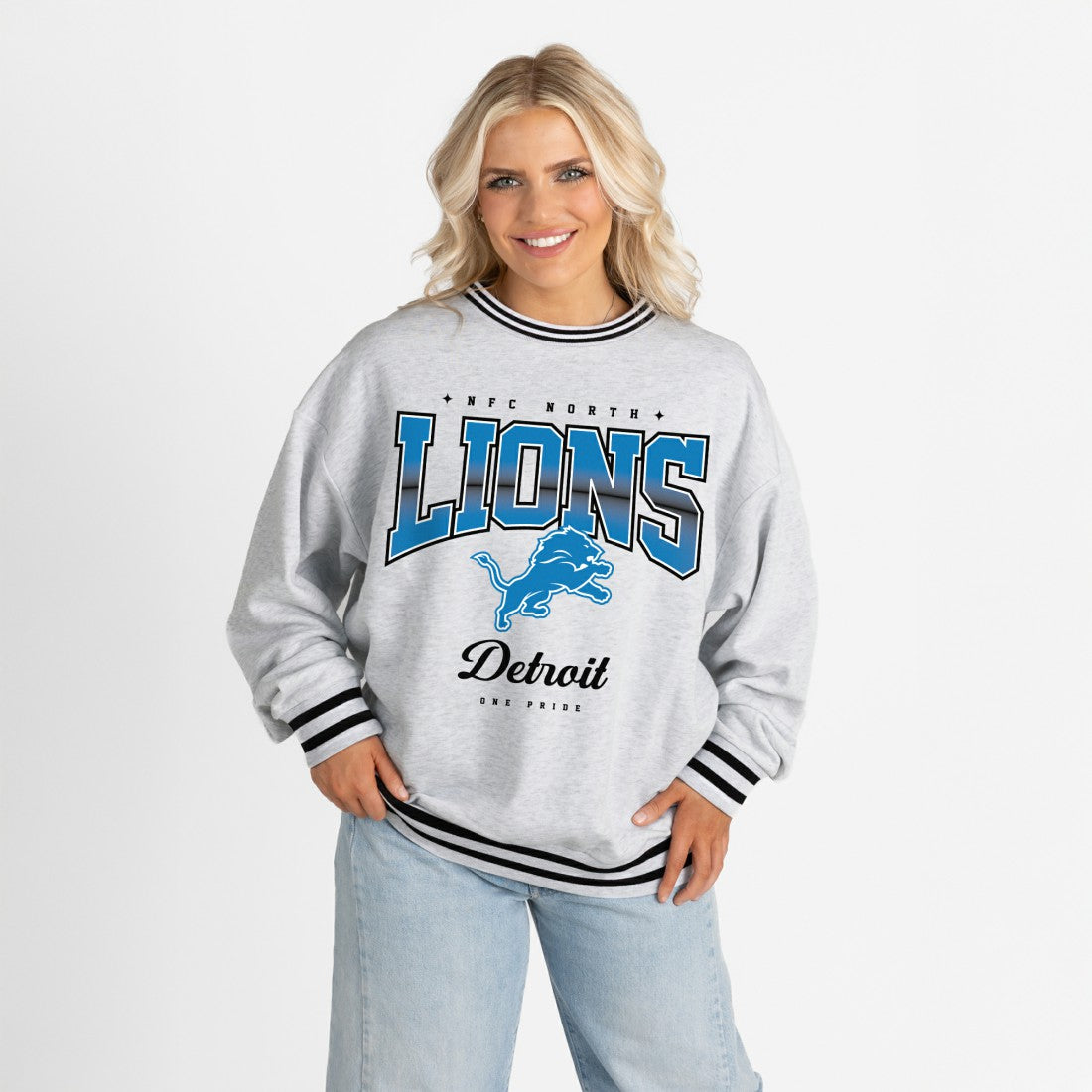 Detroit Lions Gameday Couture Women's Oversized Gridiron Drive Ringer Stripe Sweatshirt - Ash/Black cheap