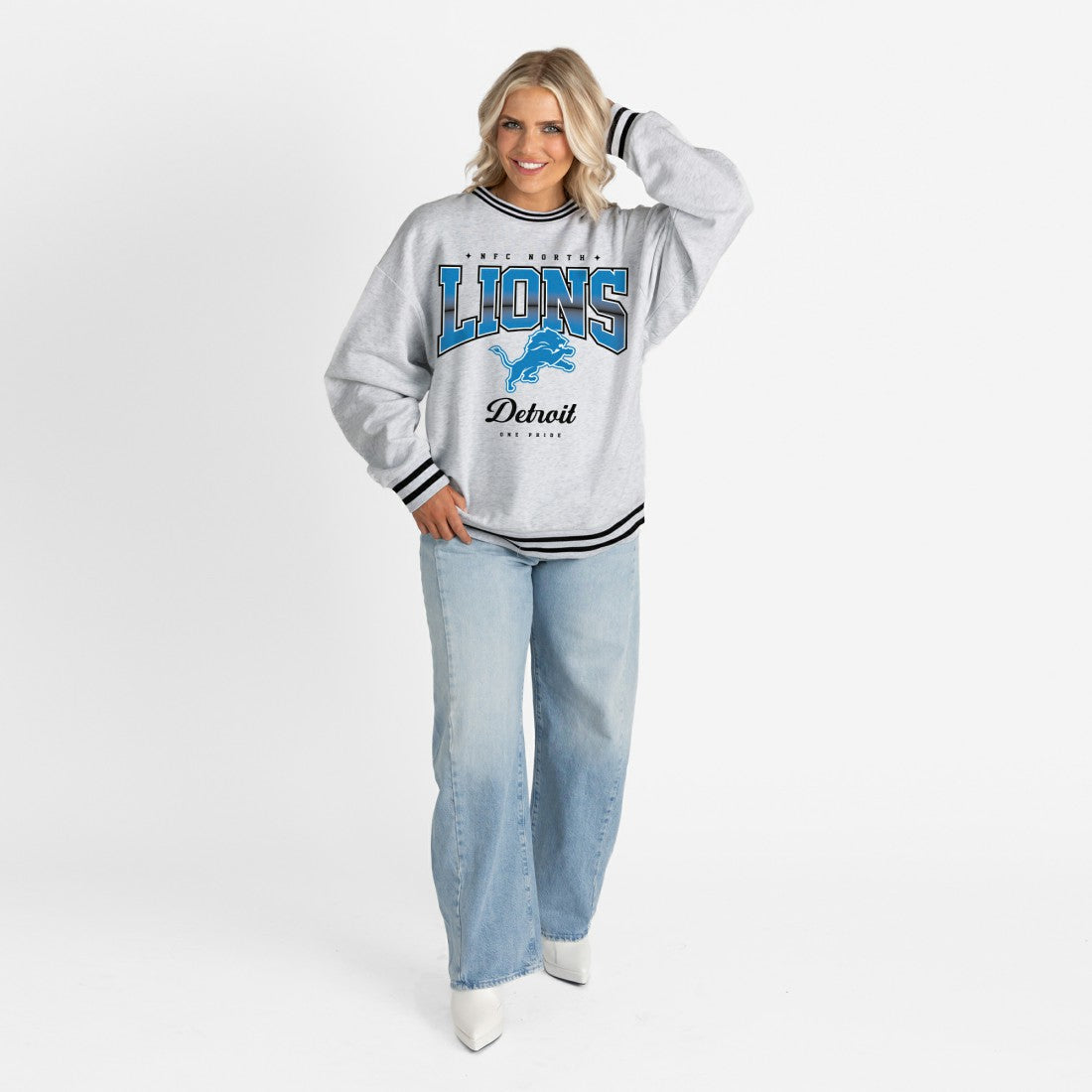 Detroit Lions Gameday Couture Women's Oversized Gridiron Drive Ringer Stripe Sweatshirt - Ash/Black cheap