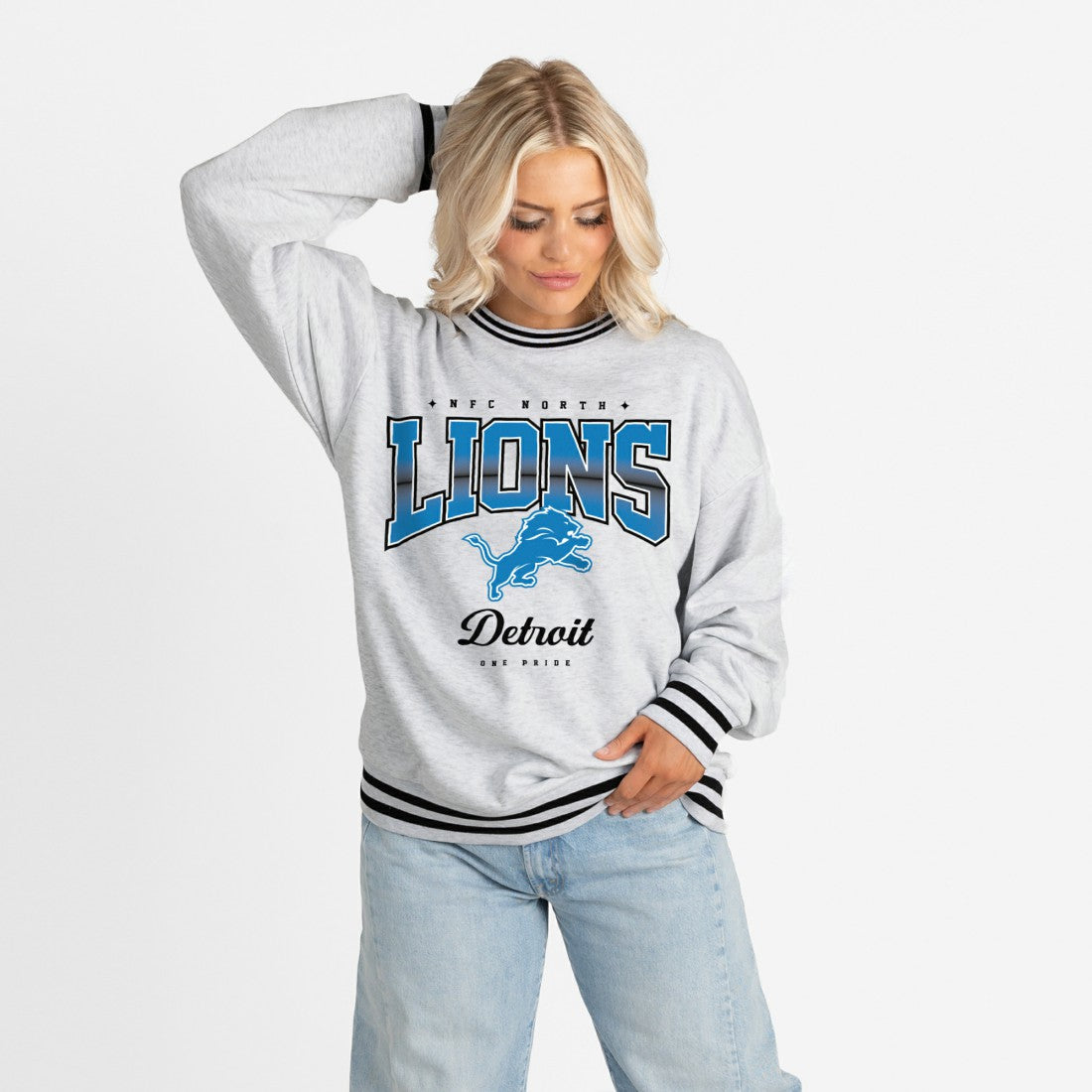 Detroit Lions Gameday Couture Women's Oversized Gridiron Drive Ringer Stripe Sweatshirt - Ash/Black cheap