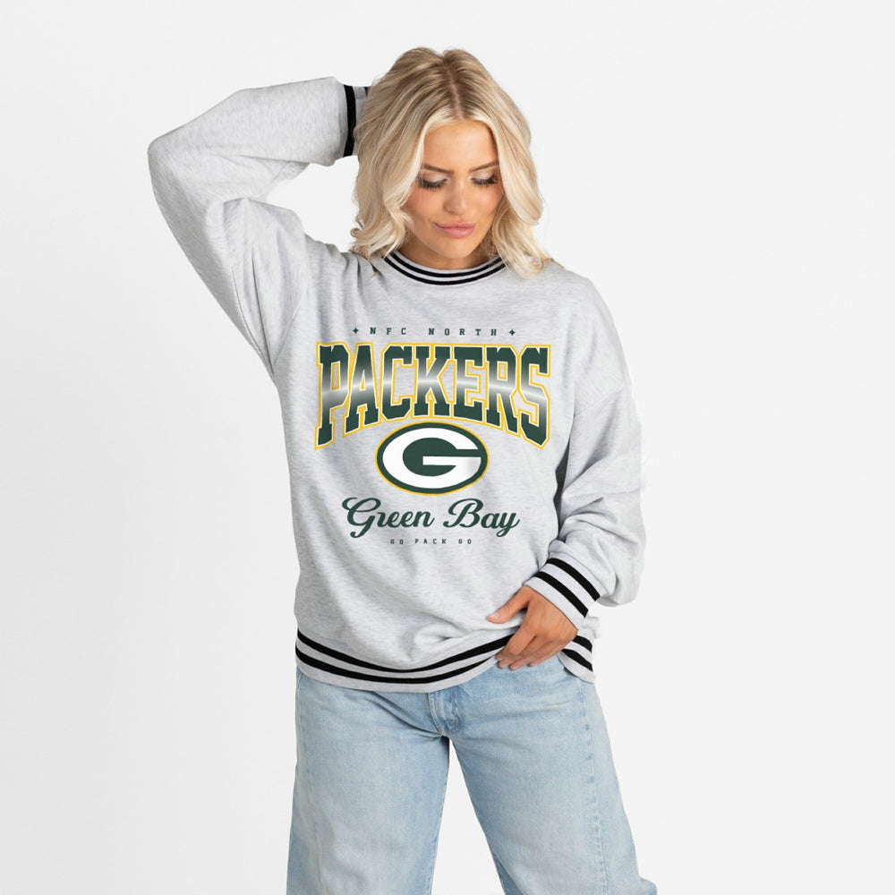 Green Bay Packers Gameday Couture Women's Oversized Gridiron Drive Ringer Stripe Sweatshirt - Ash/Black discount