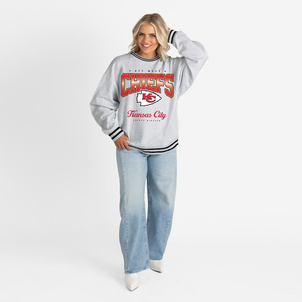 Kansas City Chiefs Gameday Couture Women's Oversized Gridiron Drive Ringer Stripe Sweatshirt - Ash/Black cheap