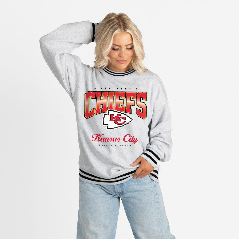 Kansas City Chiefs Gameday Couture Women's Oversized Gridiron Drive Ringer Stripe Sweatshirt - Ash/Black cheap