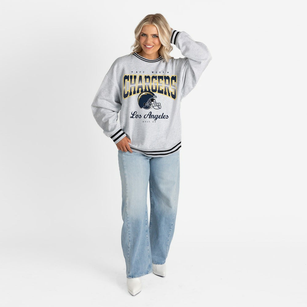 Los Angeles Chargers Gameday Couture Women's Oversized Gridiron Drive Ringer Stripe Sweatshirt - Ash/Black online