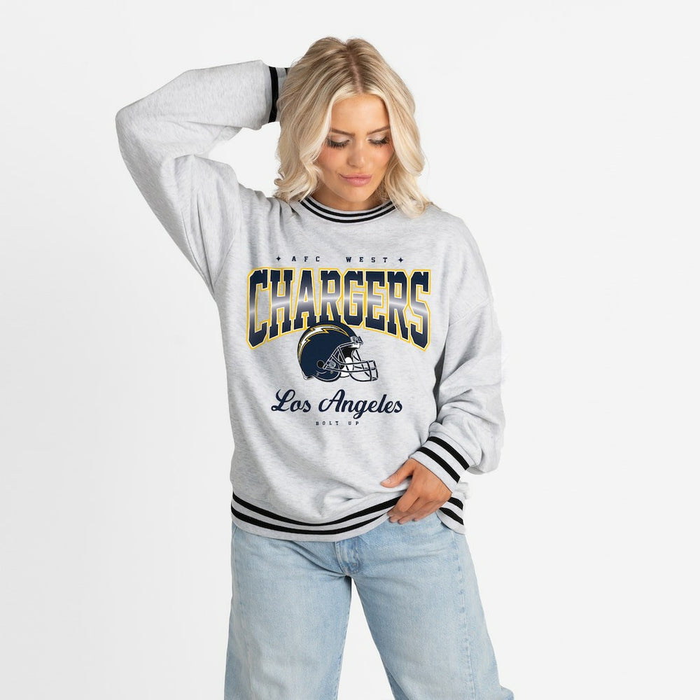 Los Angeles Chargers Gameday Couture Women's Oversized Gridiron Drive Ringer Stripe Sweatshirt - Ash/Black online