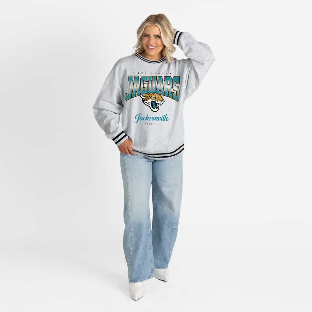 Jacksonville Jaguars Gameday Couture Women's Oversized Gridiron Drive Ringer Stripe Sweatshirt - Ash/Black online