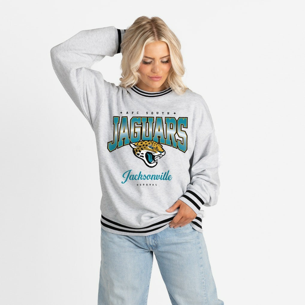 Jacksonville Jaguars Gameday Couture Women's Oversized Gridiron Drive Ringer Stripe Sweatshirt - Ash/Black online