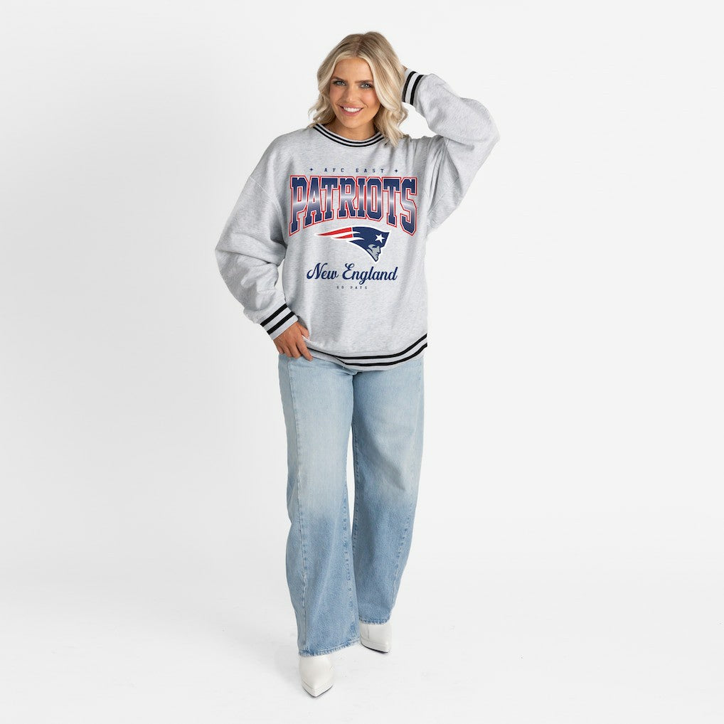New England Patriots Gameday Couture Women's Oversized Gridiron Drive Ringer Stripe Sweatshirt - Ash/Black outlet