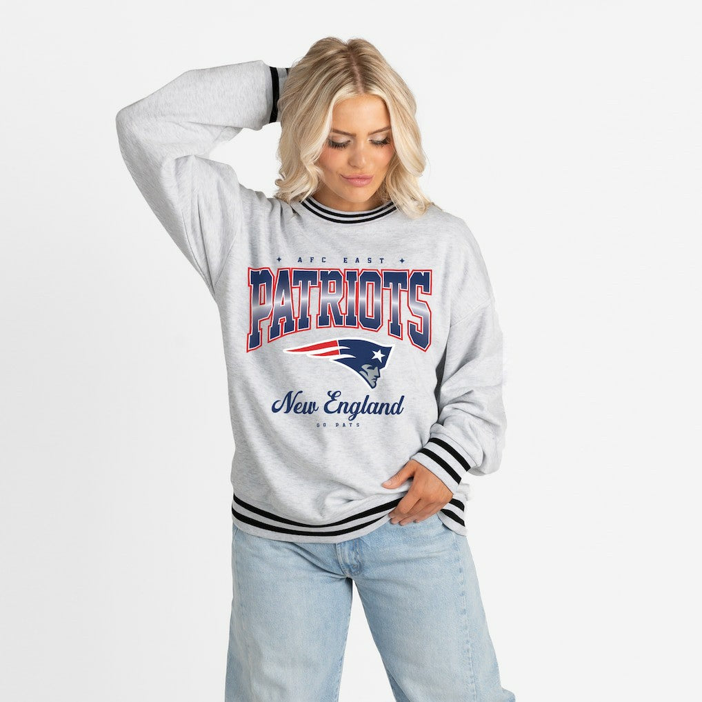 New England Patriots Gameday Couture Women's Oversized Gridiron Drive Ringer Stripe Sweatshirt - Ash/Black outlet
