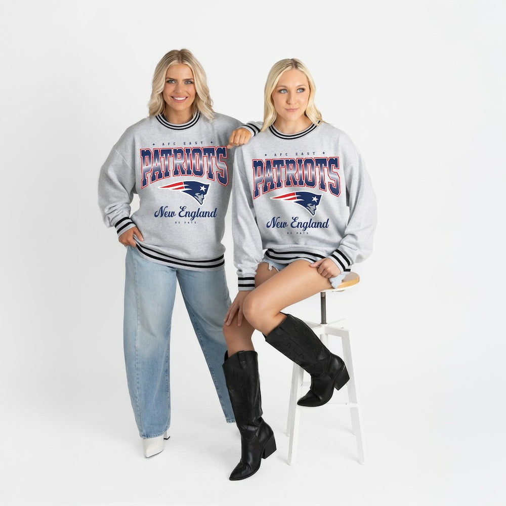 New England Patriots Gameday Couture Women's Oversized Gridiron Drive Ringer Stripe Sweatshirt - Ash/Black outlet