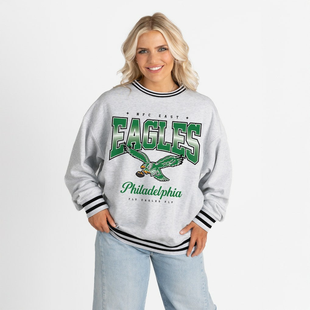 Philadelphia Eagles Gameday Couture Women's Oversized Gridiron Drive Ringer Stripe Sweatshirt - Ash/Black discount
