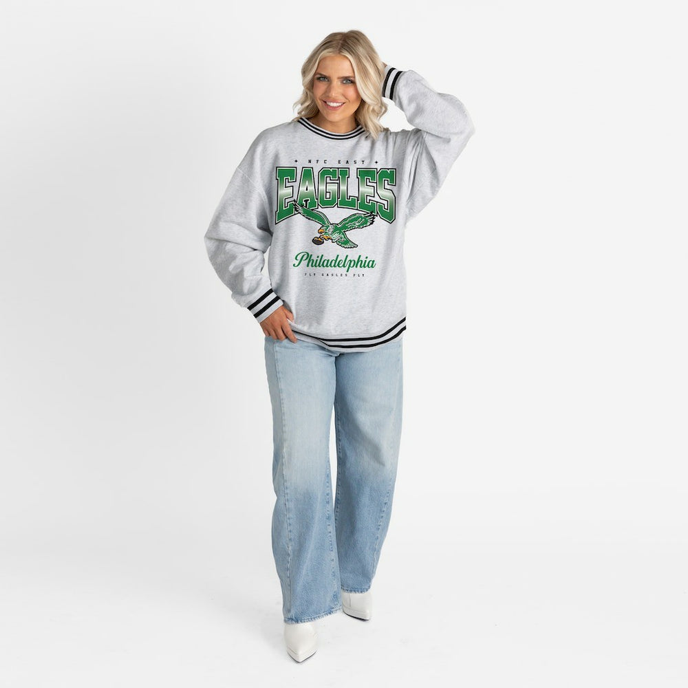Philadelphia Eagles Gameday Couture Women's Oversized Gridiron Drive Ringer Stripe Sweatshirt - Ash/Black discount
