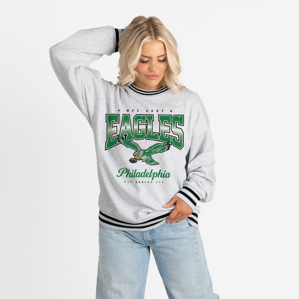 Philadelphia Eagles Gameday Couture Women's Oversized Gridiron Drive Ringer Stripe Sweatshirt - Ash/Black discount