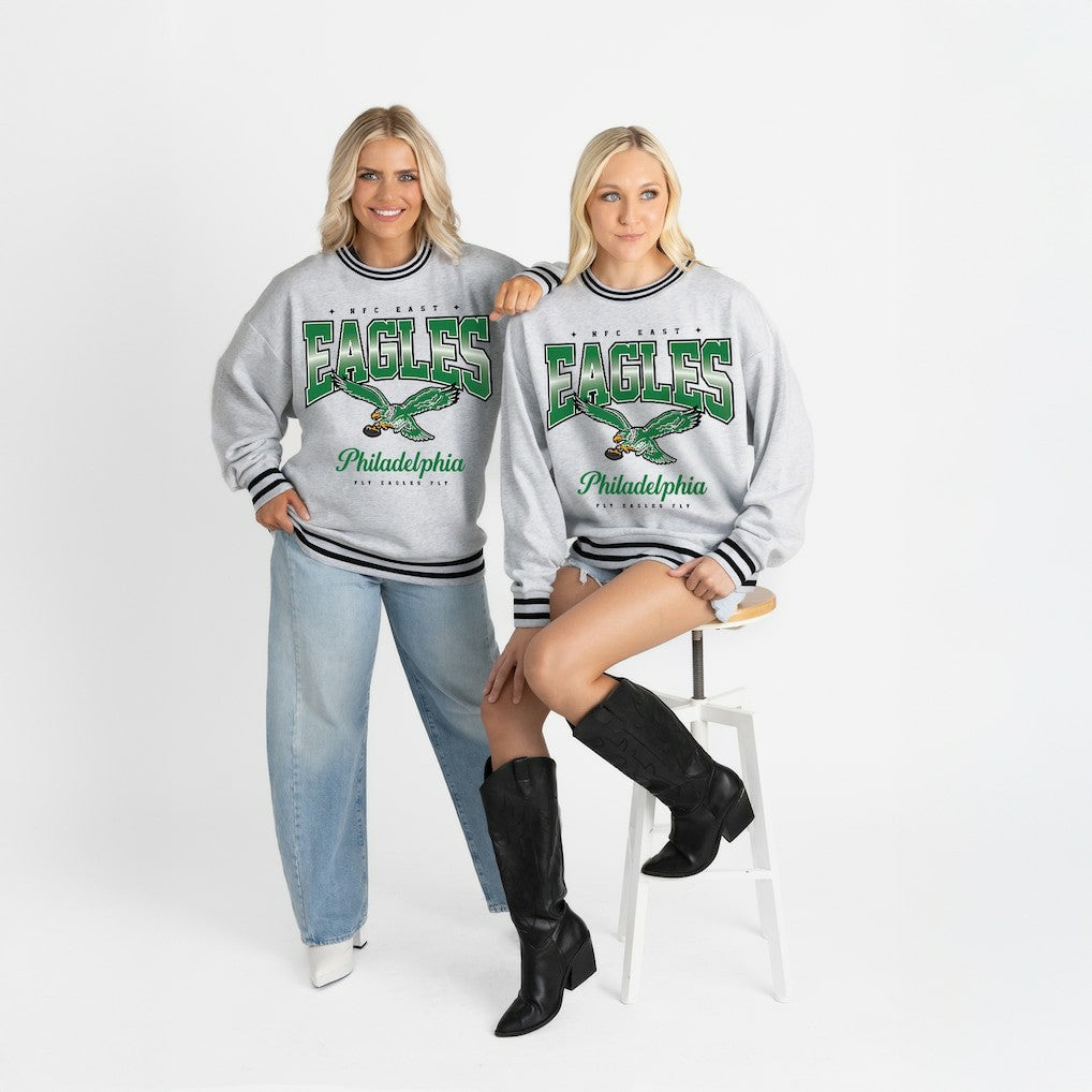 Philadelphia Eagles Gameday Couture Women's Oversized Gridiron Drive Ringer Stripe Sweatshirt - Ash/Black discount