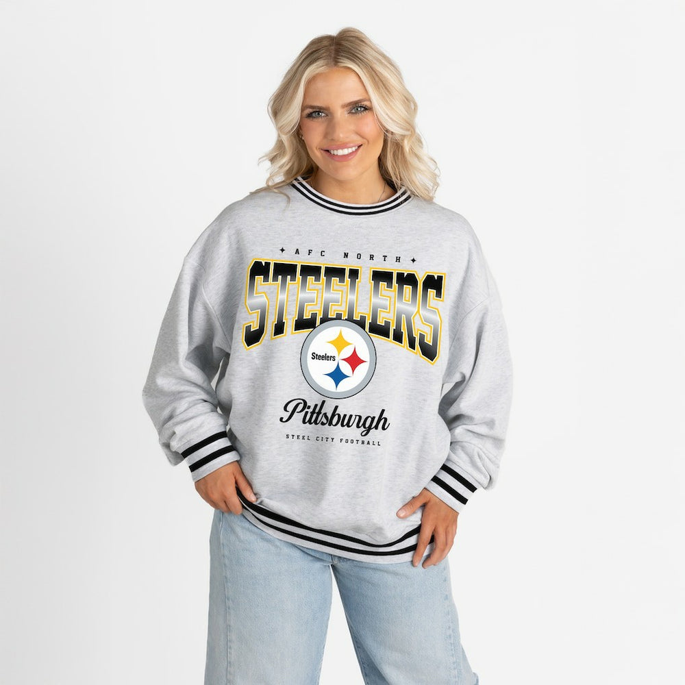 Pittsburgh Steelers Gameday Couture Women's Oversized Gridiron Drive Ringer Stripe Sweatshirt - Ash/Black sale