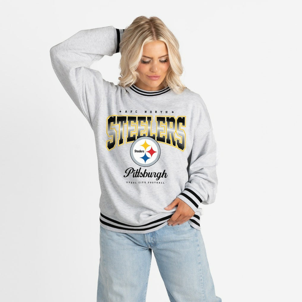 Pittsburgh Steelers Gameday Couture Women's Oversized Gridiron Drive Ringer Stripe Sweatshirt - Ash/Black sale