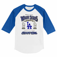 Los Angeles Dodgers Tiny Turnip Youth 2025 World Series Champions 3/4-Sleeve Raglan Baseball T-Shirt White/Royal