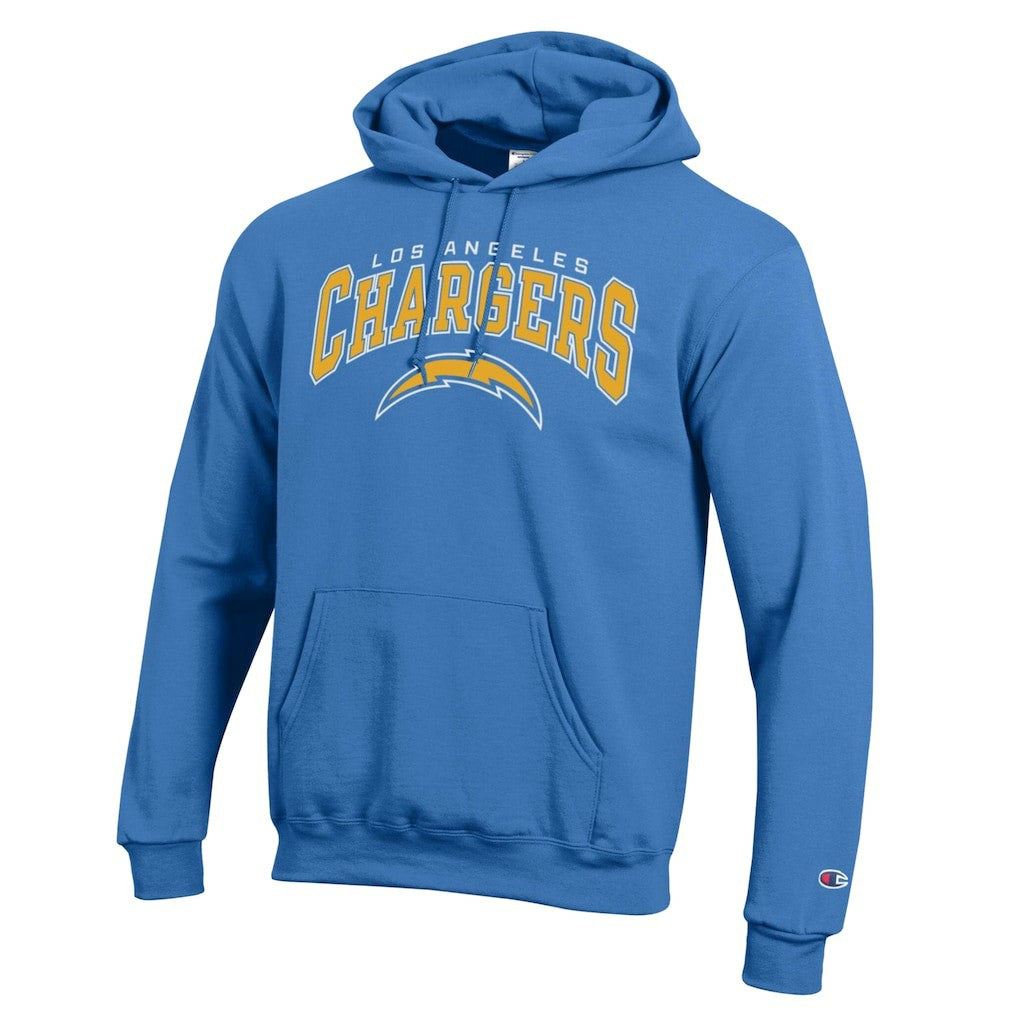 Los Angeles Chargers Champion Powerblend Arch over Logo Hoodie - Powder Blue on sale