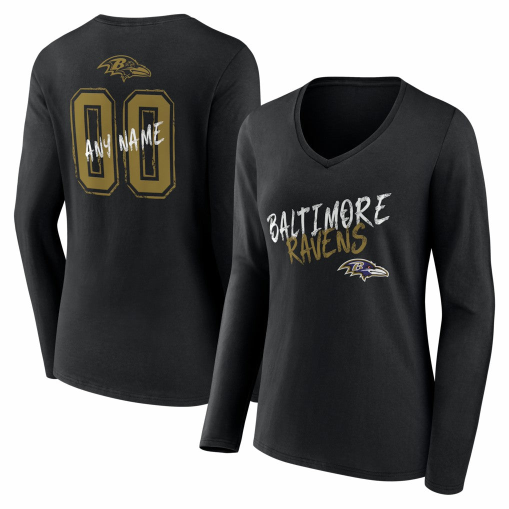 Baltimore Ravens Women's Hustle Personalized Name & Number Long Sleeve V-Neck T-Shirt - Black on sale