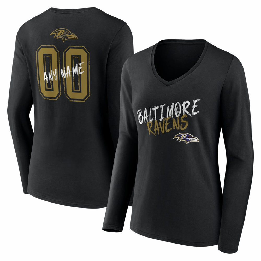 Baltimore Ravens Women's Hustle Personalized Name & Number Long Sleeve V-Neck T-Shirt - Black on sale