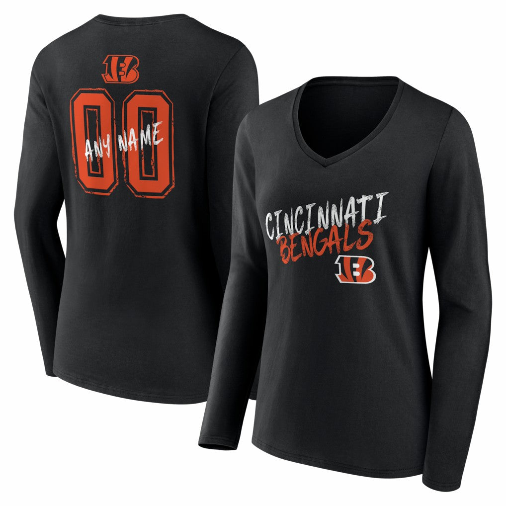 Cincinnati Bengals Women's Hustle Personalized Name & Number Long Sleeve V-Neck T-Shirt - Black discount