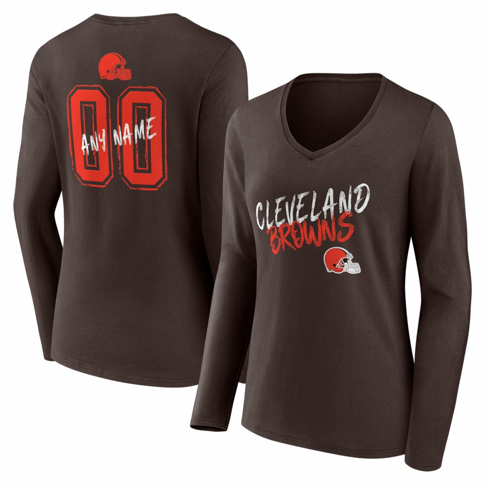 Cleveland Browns Women's Hustle Personalized Name & Number Long Sleeve V-Neck T-Shirt - Brown for sale