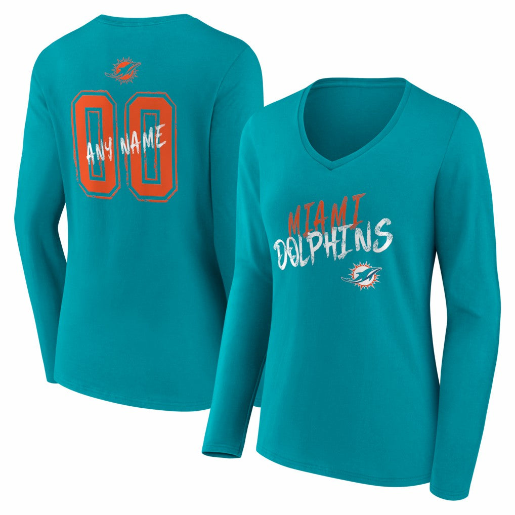 Miami Dolphins Women's Hustle Personalized Name & Number Long Sleeve V-Neck T-Shirt - Aqua discount