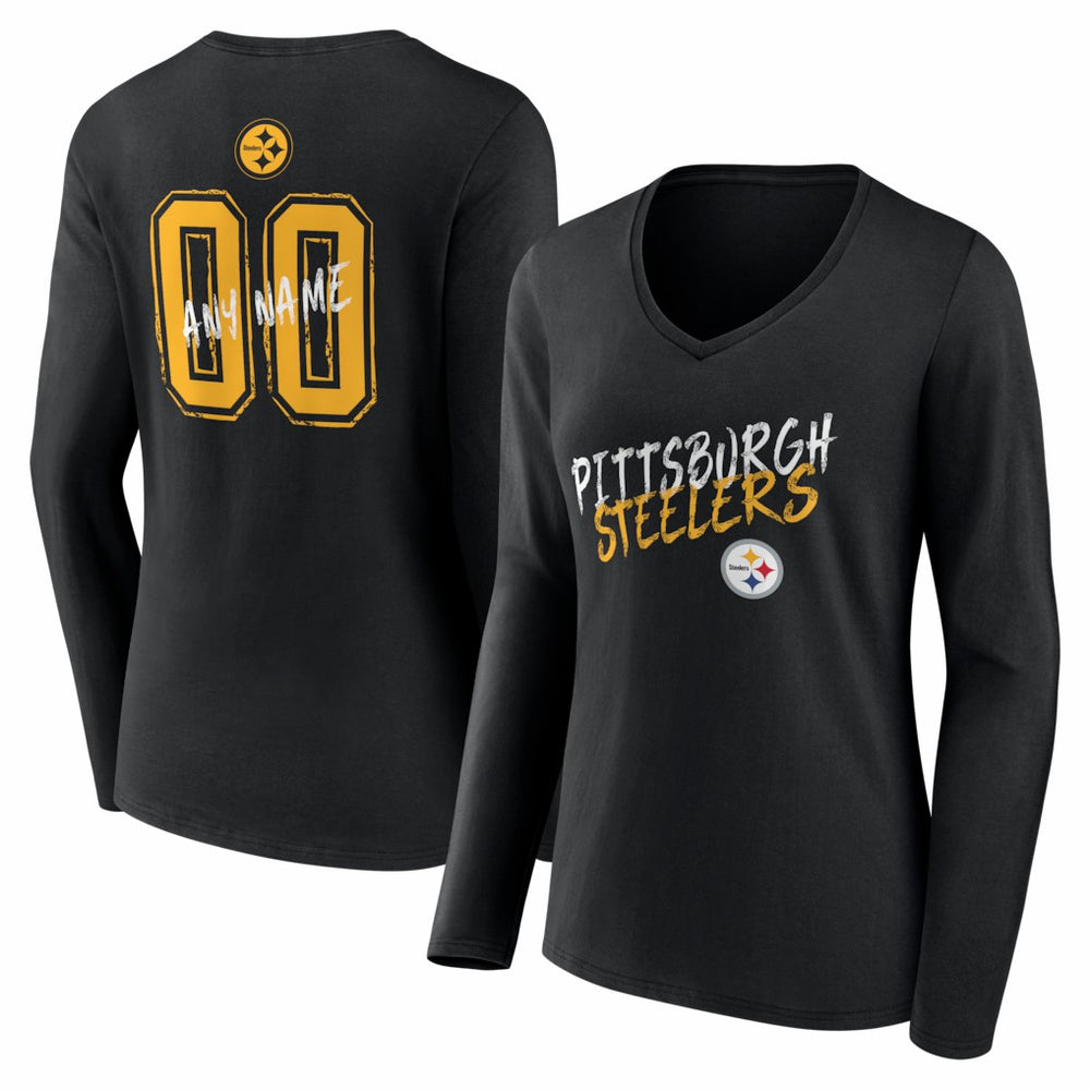 Pittsburgh Steelers Women's Hustle Personalized Name & Number Long Sleeve V-Neck T-Shirt - Black outlet
