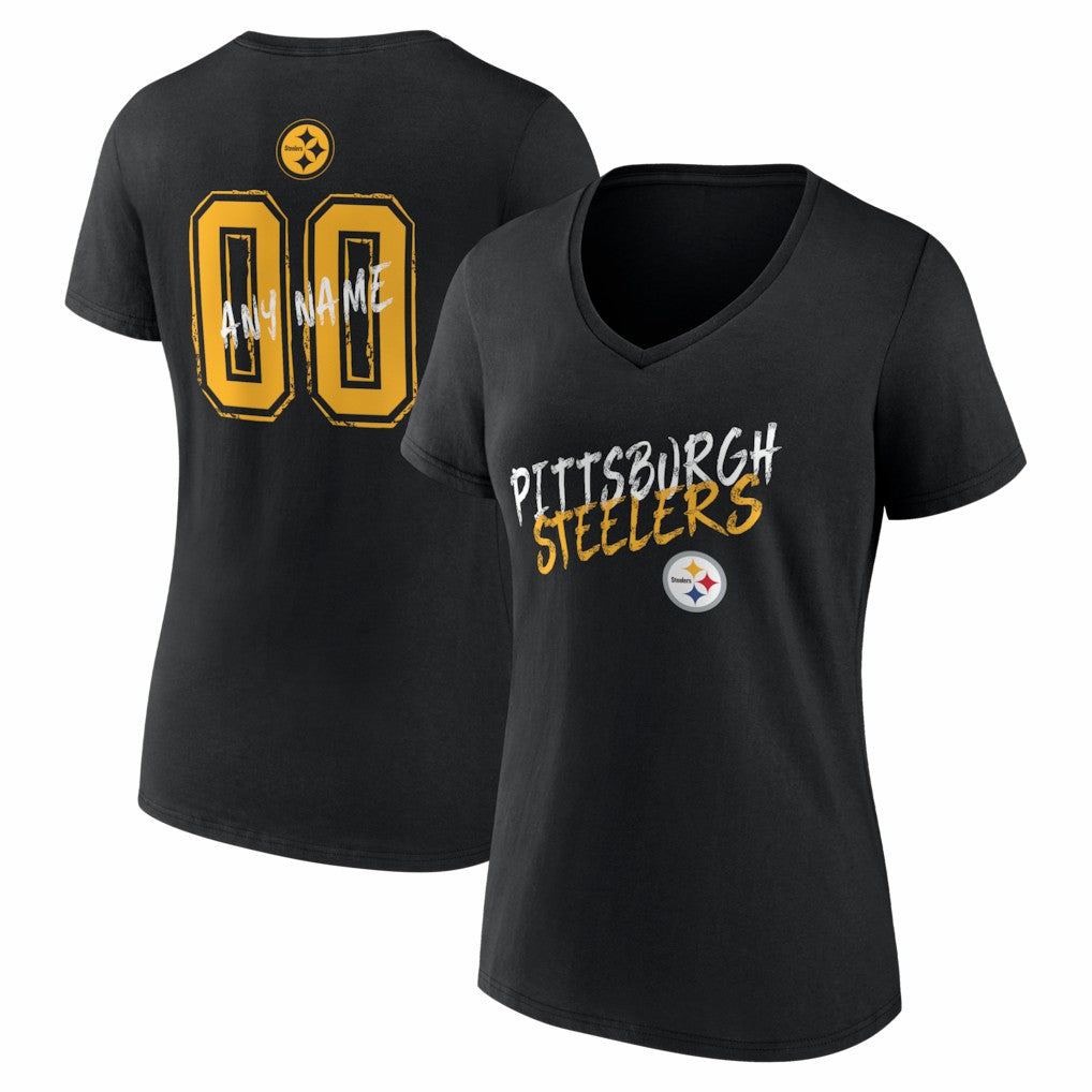 Pittsburgh Steelers Women's Hustle Personalized Name & Number V-Neck T-Shirt - Black discount