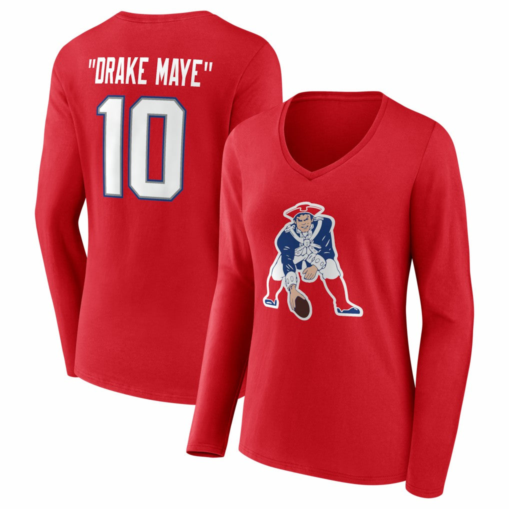 Drake Maye New England Patriots Women's Nickname V-Neck Long Sleeve T-Shirt - Red for sale