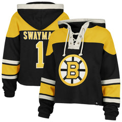 Jeremy Swayman Boston Bruins '47 Women's Superior Lacer Cropped Pullover Hoodie - Black Hoodies