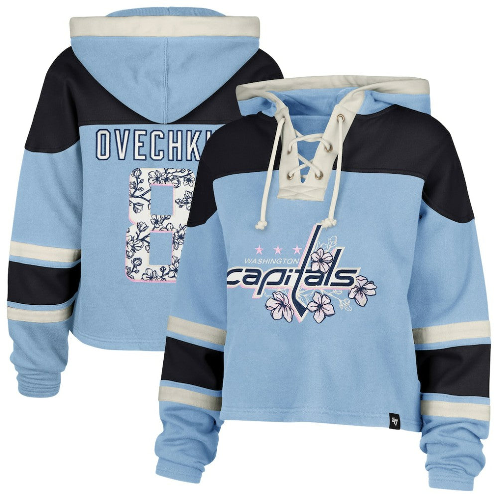 Alexander Ovechkin Washington Capitals '47 Women's Cherry Blossom Superior Lacer Cropped Pullover Hoodie - Light Blue Hoodies