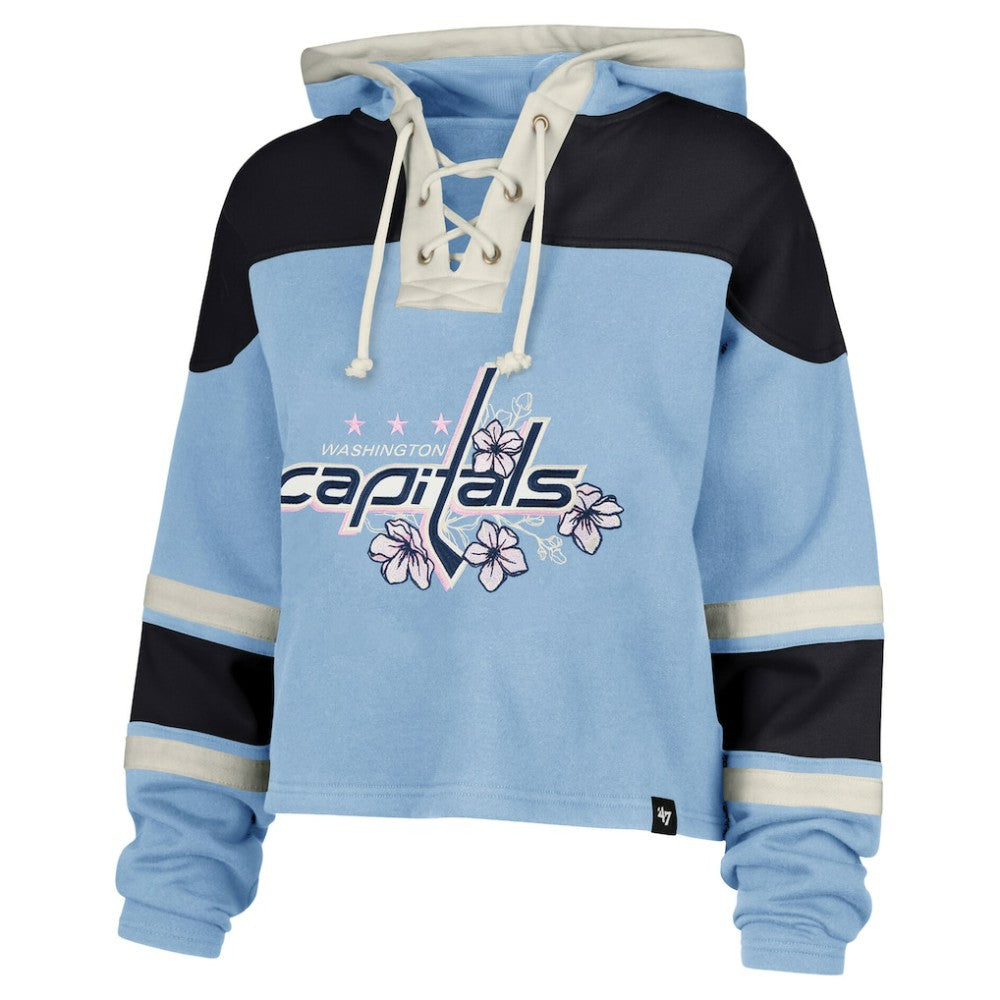 Alexander Ovechkin Washington Capitals '47 Women's Cherry Blossom Superior Lacer Cropped Pullover Hoodie - Light Blue Hoodies