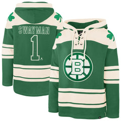 Jeremy Swayman Boston Bruins '47 St. Patrick's Day Player Name & Number Lacer Pullover Hoodie - Kelly Green Hoodies