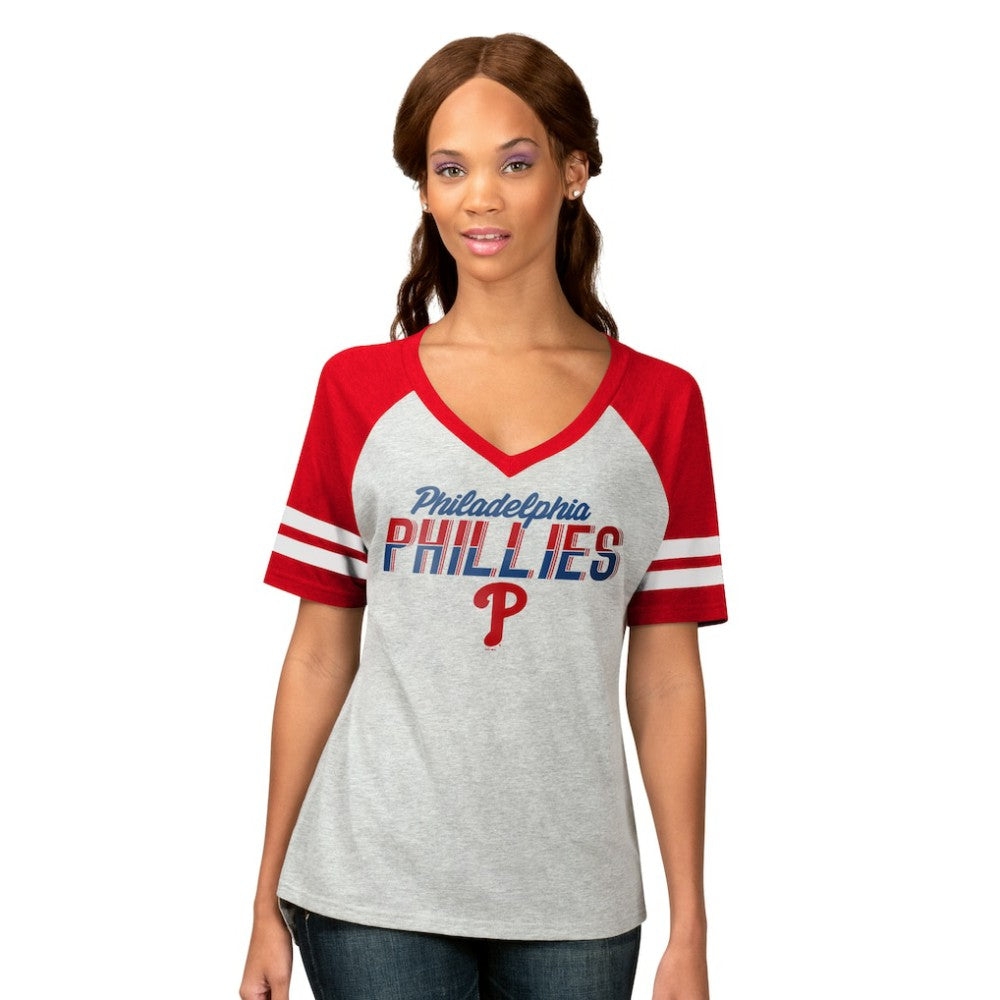 Philadelphia Phillies G-III 4Her by Carl Banks Women's Goal Line Raglan V-Neck T-Shirt Heather Gray