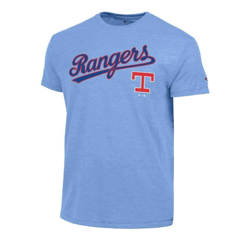 Texas Rangers Champion Cooperstown Wordmark Lockup Tri-Blend T-Shirt Light Blue