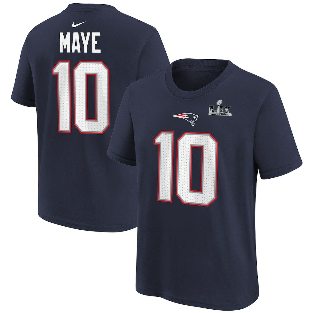 Drake Maye New England Patriots Youth Super Bowl LX Patch Name & Number T-Shirt - Navy discount