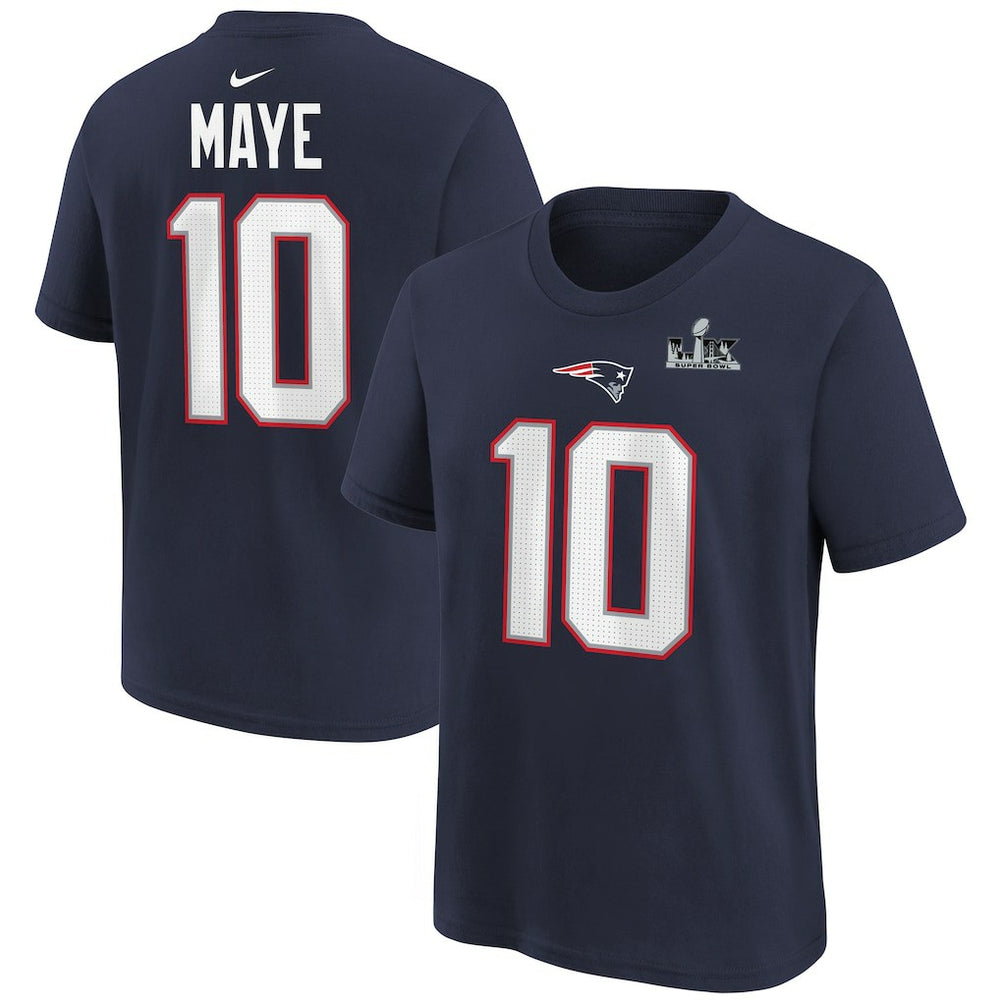 Drake Maye New England Patriots Youth Super Bowl LX Patch Name & Number T-Shirt - Navy discount