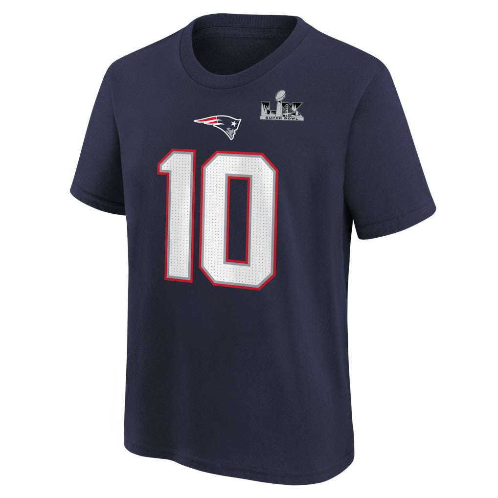 Drake Maye New England Patriots Youth Super Bowl LX Patch Name & Number T-Shirt - Navy discount