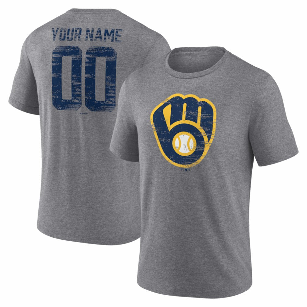 Milwaukee Brewers Heritage Personalized Any Name & Number Tri-Blend T-Shirt Gray