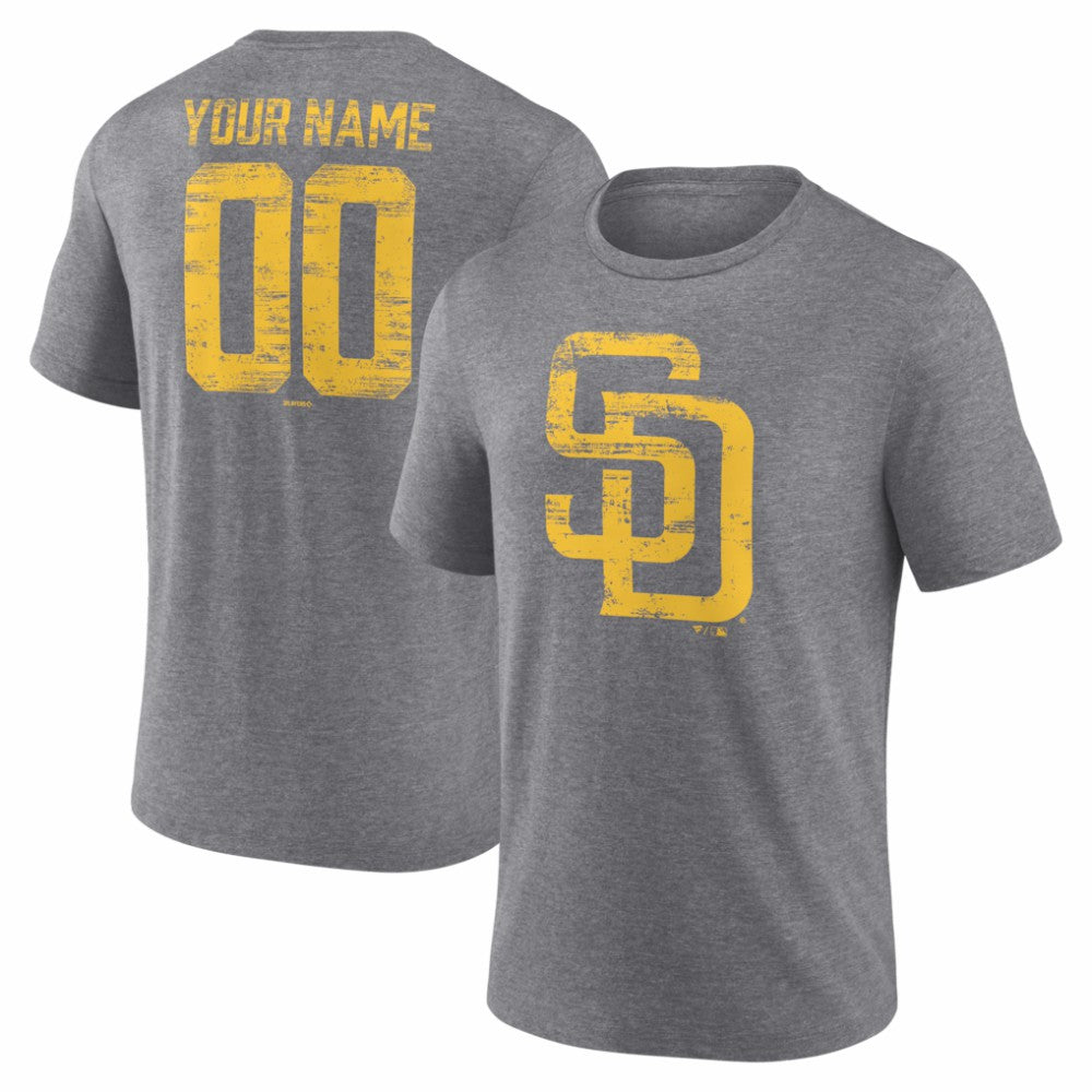San Diego Padres Heritage Personalized Any Name & Number Tri-Blend T-Shirt Gray